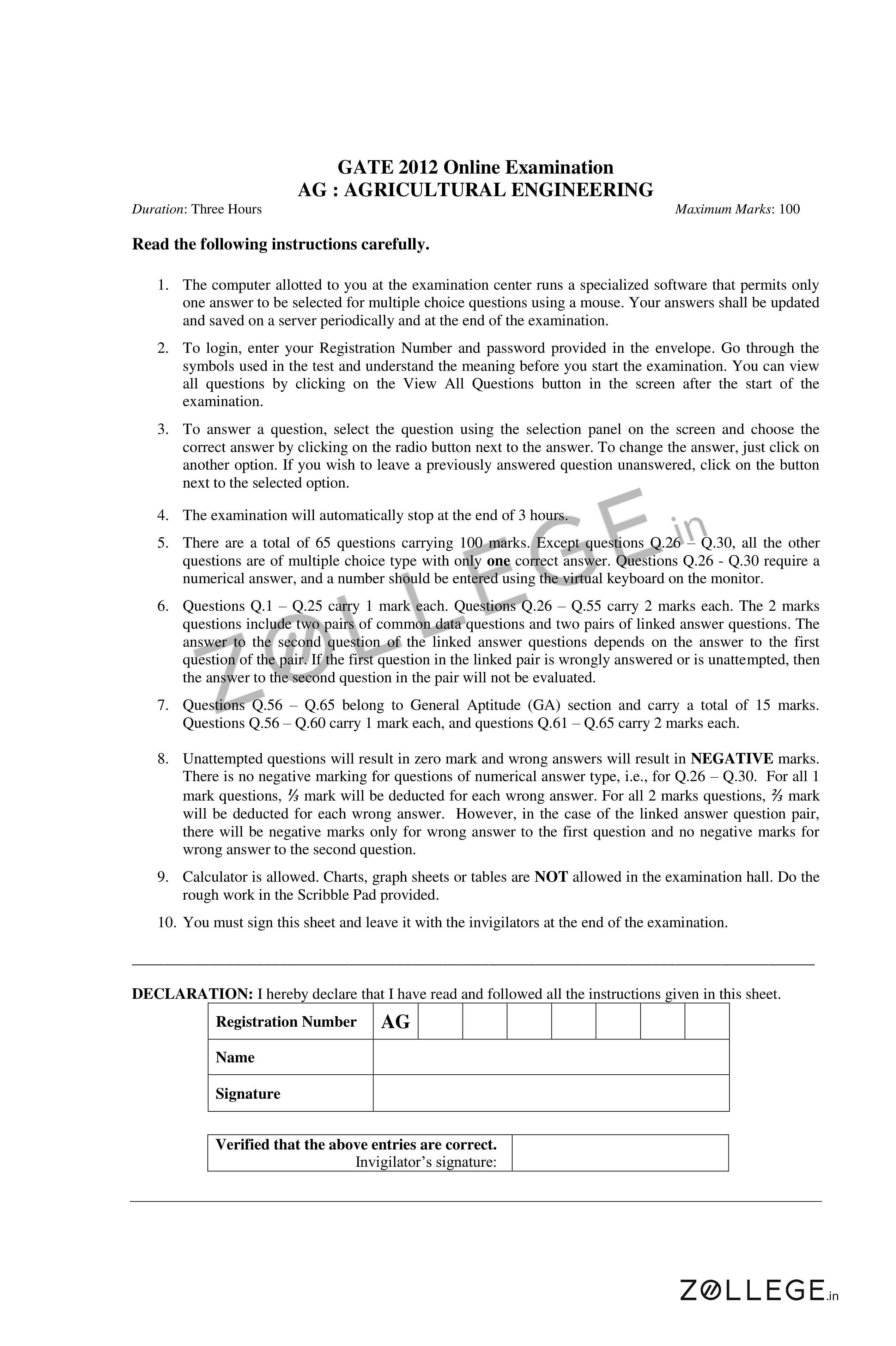 GATE 2012 Question Paper with Answer Key PDF for Agricultural