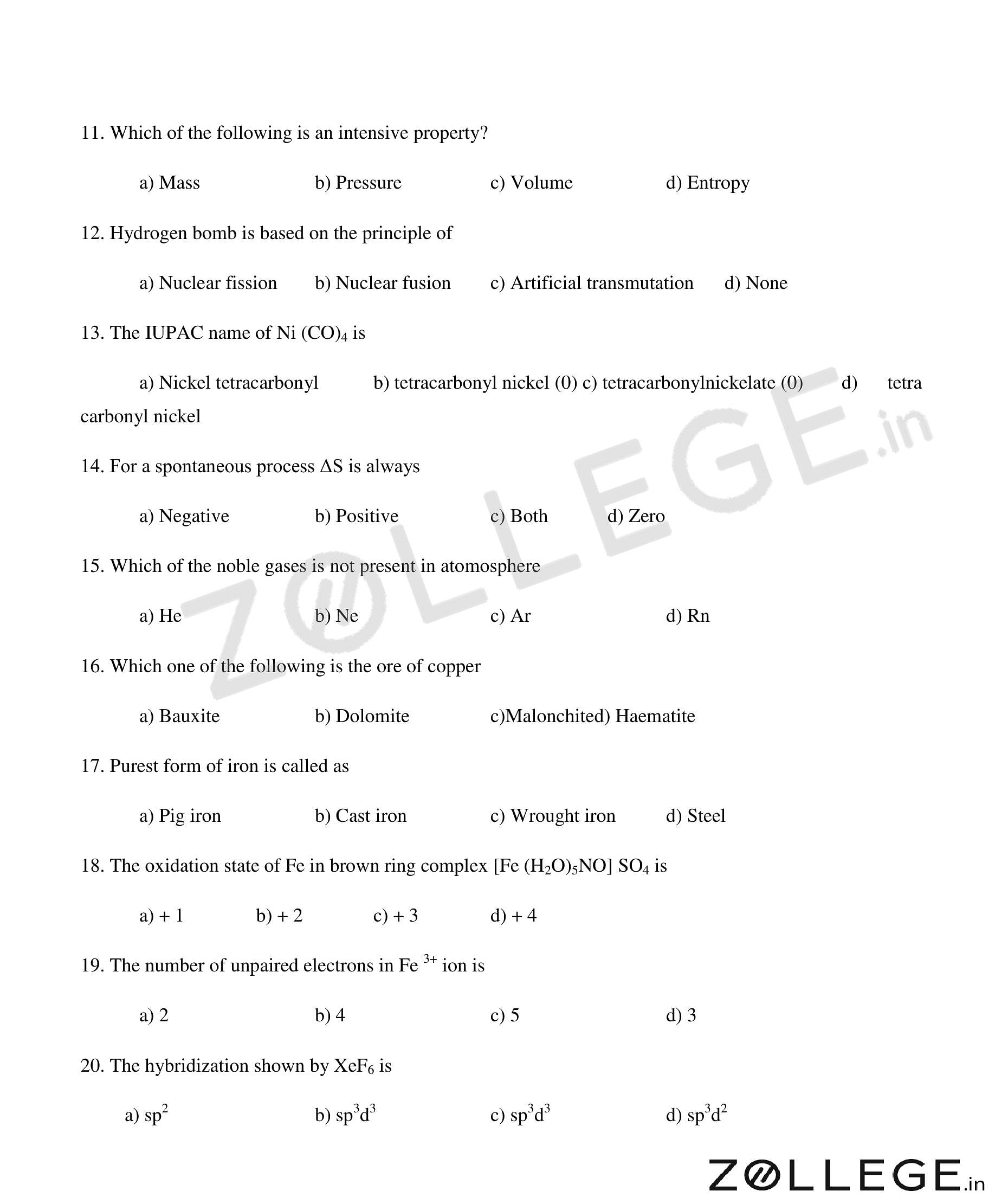 CUEE 2016 Question Paper with Answer Key PDF for B.TECH CHEMISTRY