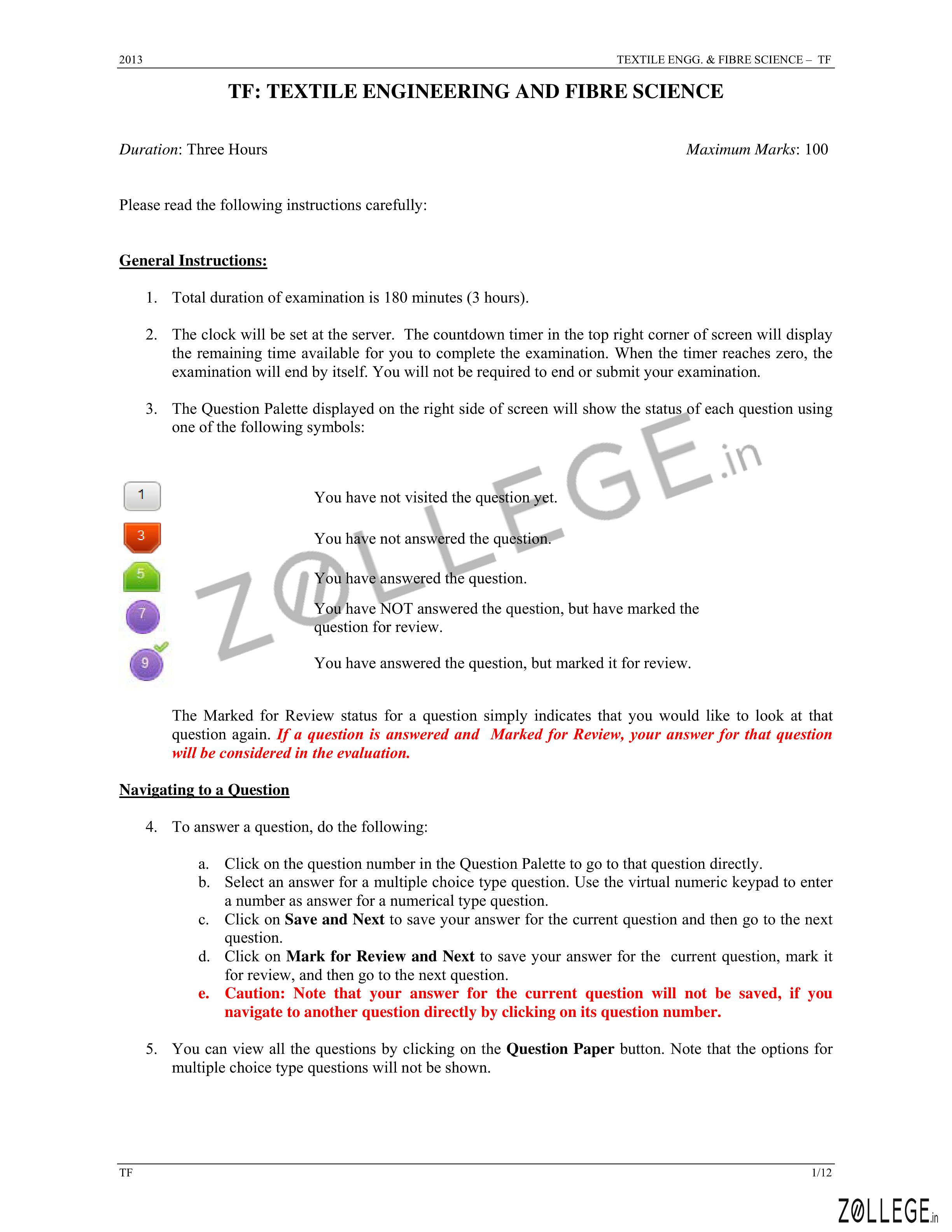 GATE 2013 Question Paper with Answer Key PDF for Textile